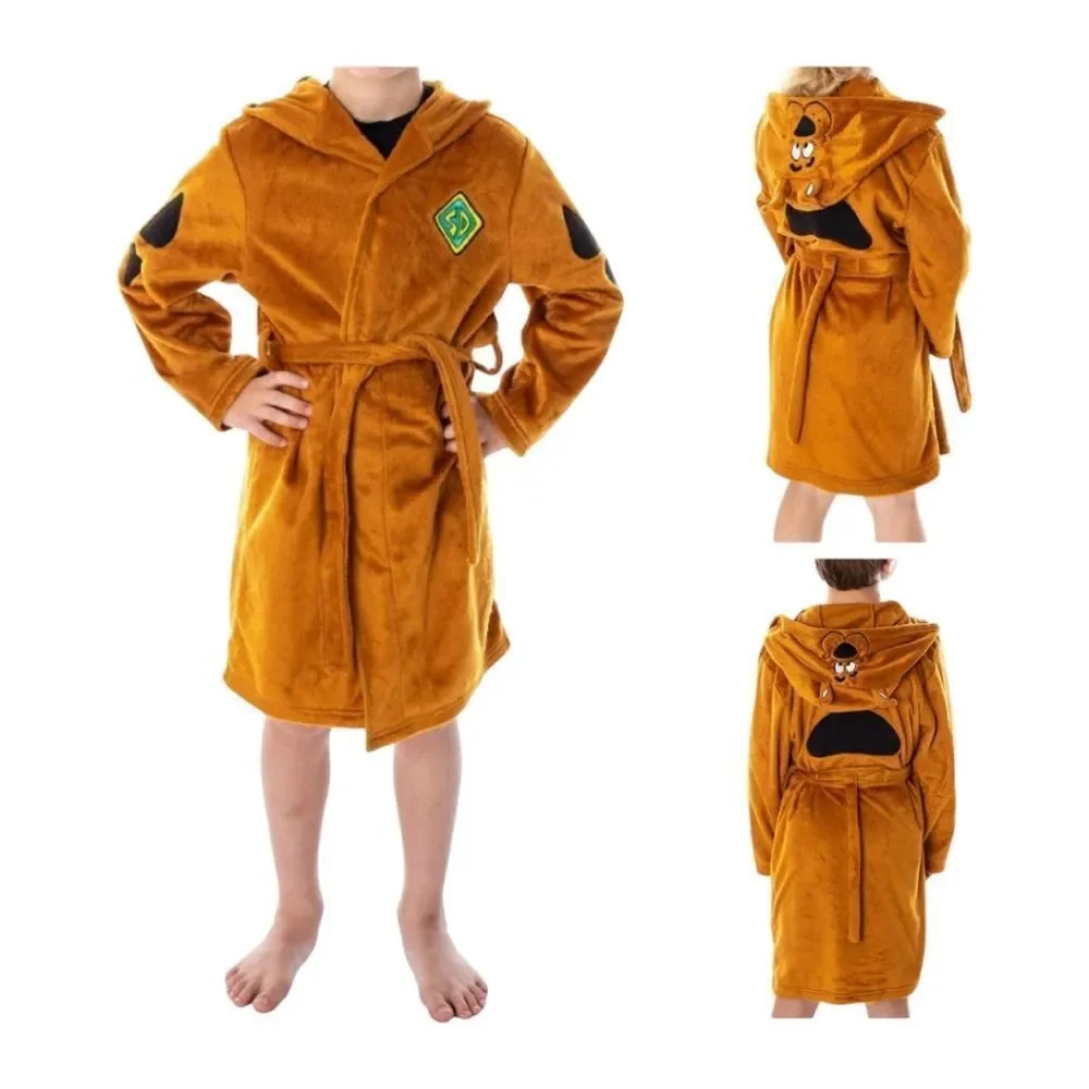 Scooby-Doo Hooded Robe Kids Unisex Fleece Bathrobe Belted Boys Girls Brown Dog